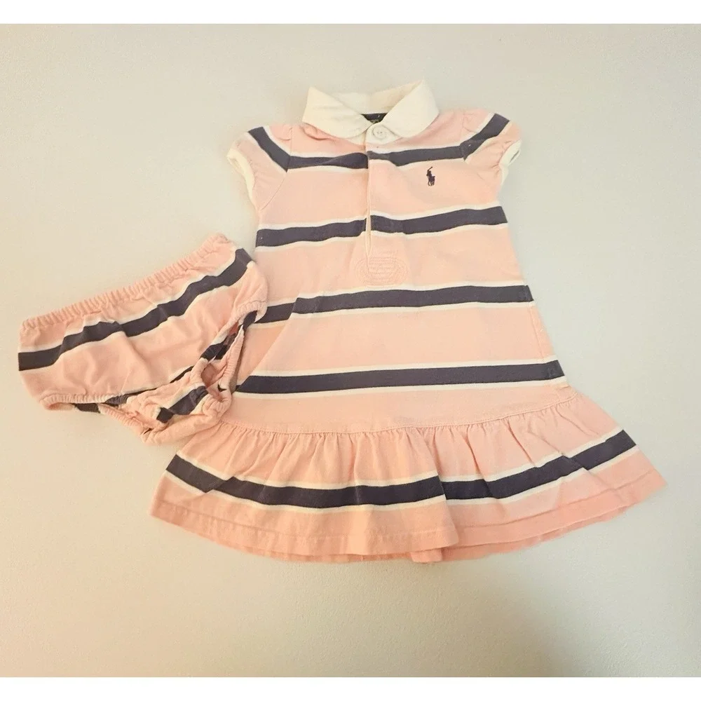 Ralph Lauren Girls 18M Pink/Navy Striped Polo Dress & Bloomers Set
